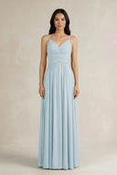 Sky Blue A-Line Pleated Spaghetti Strap Chiffon Bridesmaid Dress | KISSBRIDAL