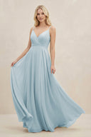 Sky Blue A-Line Spaghetti Strap Chiffon Bridesmaid Dress | KISSBRIDAL