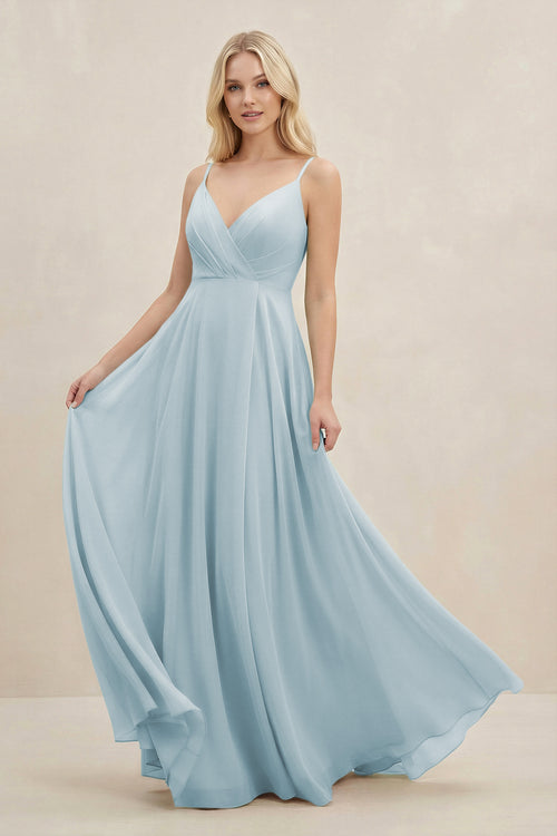 Sky Blue A-Line Spaghetti Strap Chiffon Bridesmaid Dress | KISSBRIDAL