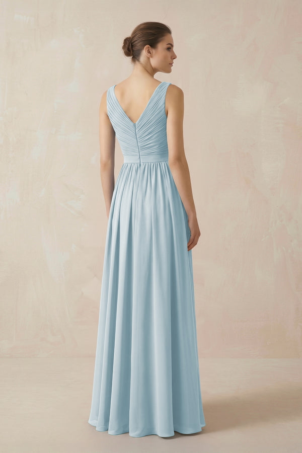 Sky Blue A-Line V-Neck Pleated Chiffon Bridesmaid Dress (2) | KISSBRIDAL
