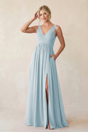 Sky Blue A-Line V-Neck Pleated Chiffon Bridesmaid Dress | KISSBRIDAL