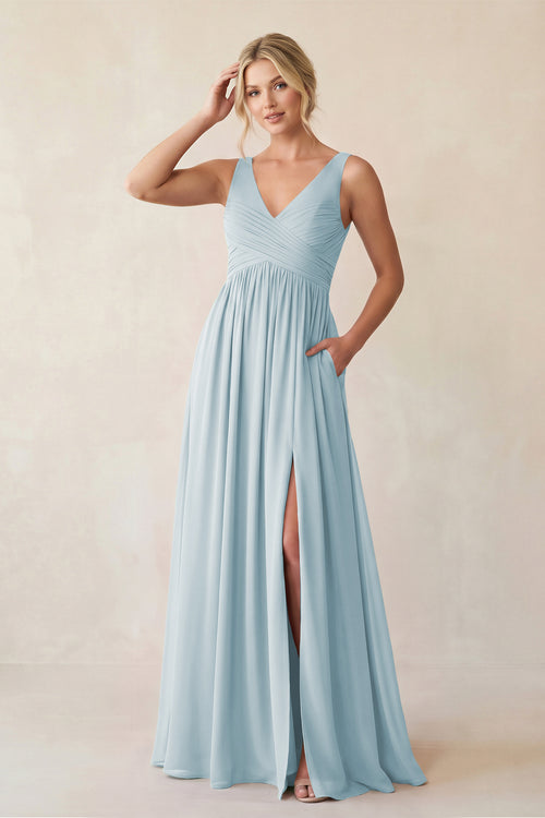 Sky Blue A-Line V-Neck Pleated Chiffon Bridesmaid Dress | KISSBRIDAL