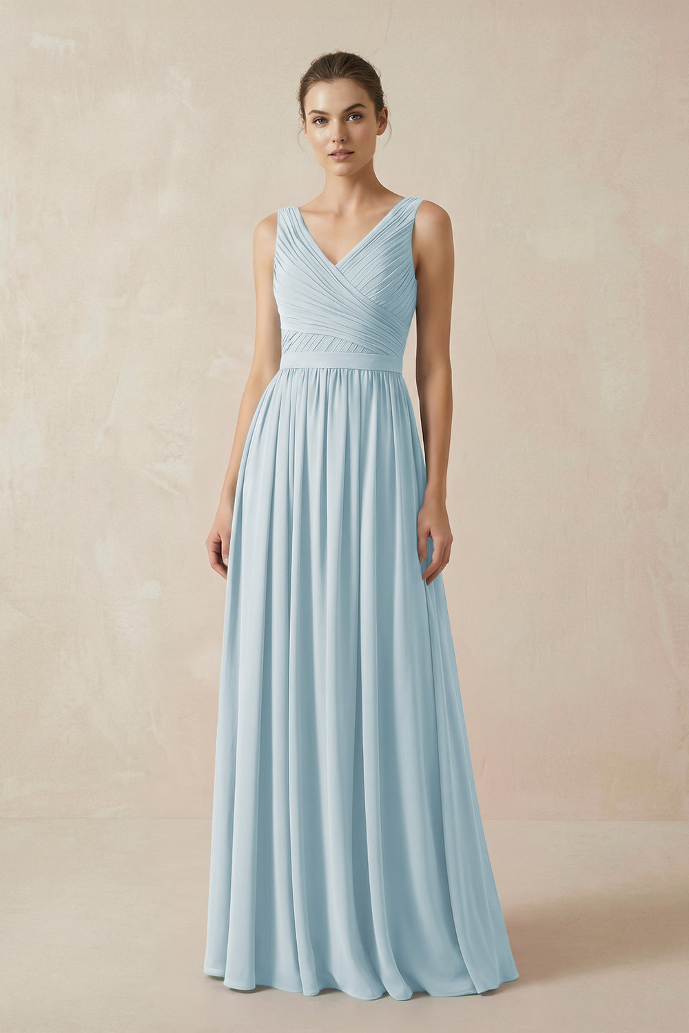 A-Line V-Neck Pleated Chiffon Bridesmaid Dress in Sky Blue