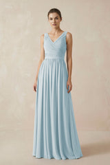 Sky Blue A-Line V-Neck Pleated Chiffon Bridesmaid Dress | KISSBRIDAL