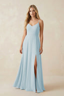 Sky Blue Cami Strap A-Line Chiffon Bridesmaid Dress with Slit | KISSBRIDAL