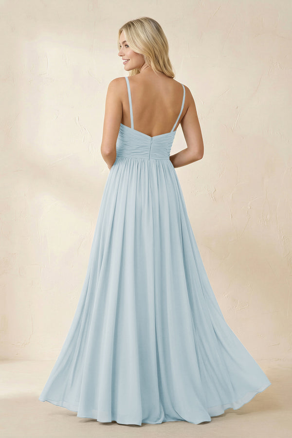 Sky Blue Cami Strap Chiffon A-Line Bridesmaid Dress with Slit (2) | KISSBRIDAL