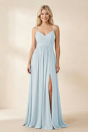 Sky Blue Cami Strap Chiffon A-Line Bridesmaid Dress with Slit | KISSBRIDAL