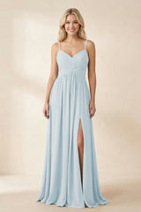 Sky Blue Cami Strap Chiffon A-Line Bridesmaid Dress with Slit | KISSBRIDAL