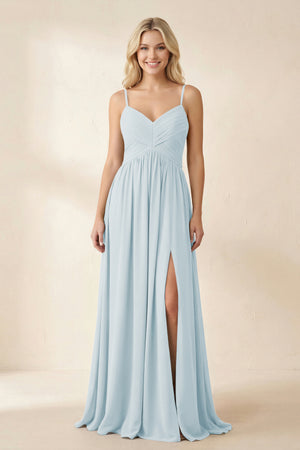 Sky Blue Cami Strap Chiffon A-Line Bridesmaid Dress with Slit | KISSBRIDAL