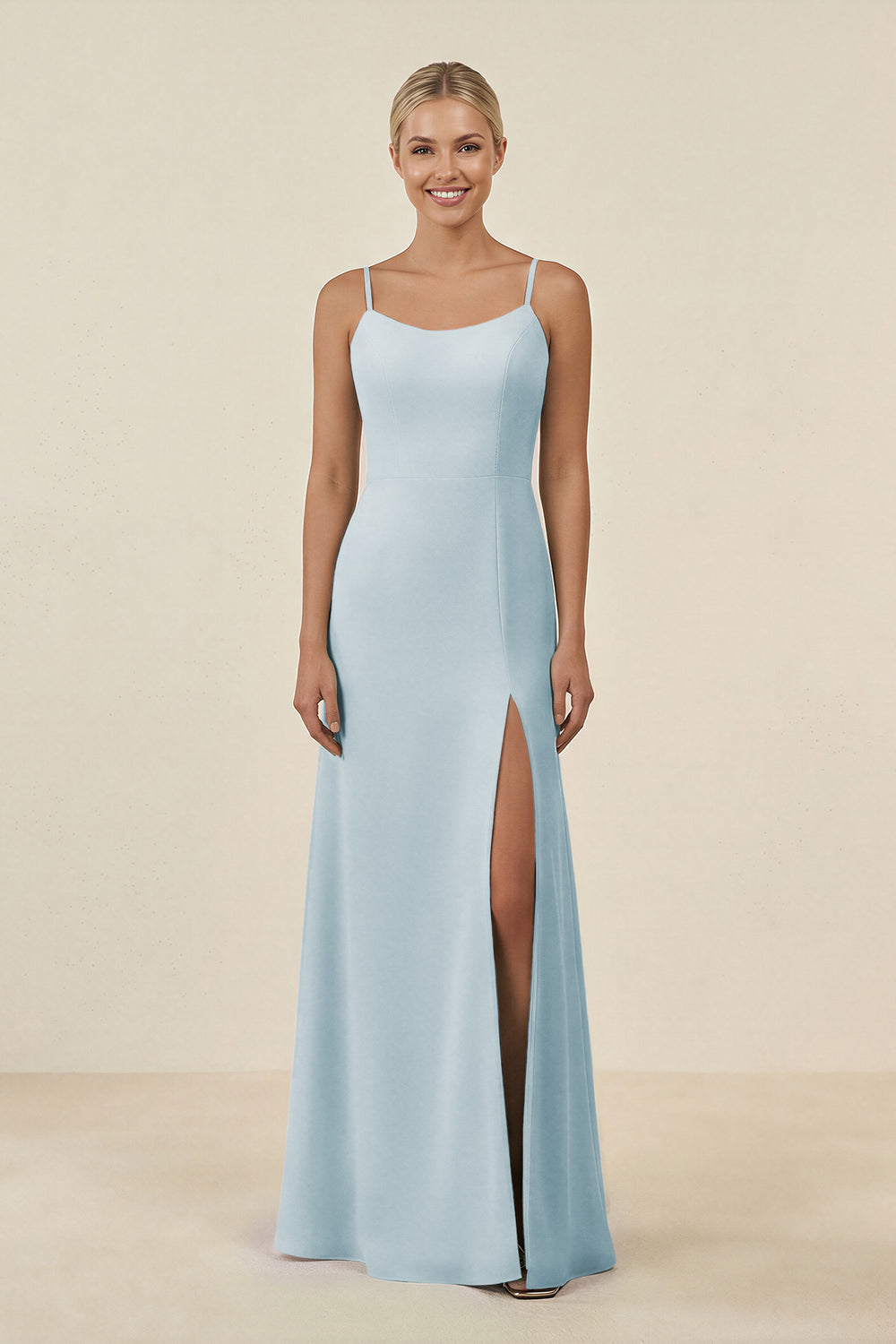 Cami Strap Chiffon Sheath Bridesmaid Gown in Sky Blue