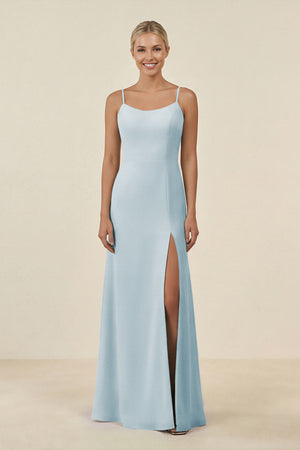 Sky Blue Cami Strap Chiffon Sheath Bridesmaid Gown | KISSBRIDAL