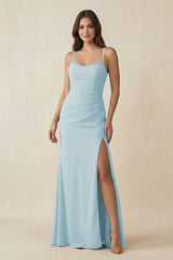 Sky Blue Cami Strap Sheath Chiffon Bridesmaid Dress with Slit | KISSBRIDAL