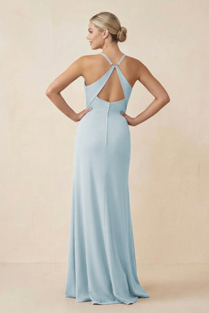 Sky Blue Cami Strap Sheath Ruched Bridesmaid Dress With Slit (2) | KISSBRIDAL