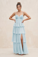 Sky Blue Cami Strap Tiered A-Line Chiffon Bridesmaid Dress | KISSBRIDAL