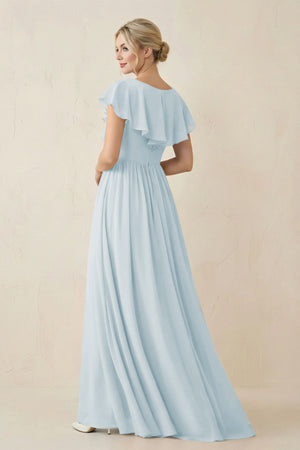 Sky Blue Cap Sleeve A-Line Ruffled Chiffon Bridesmaid Dress (2) | KISSBRIDAL