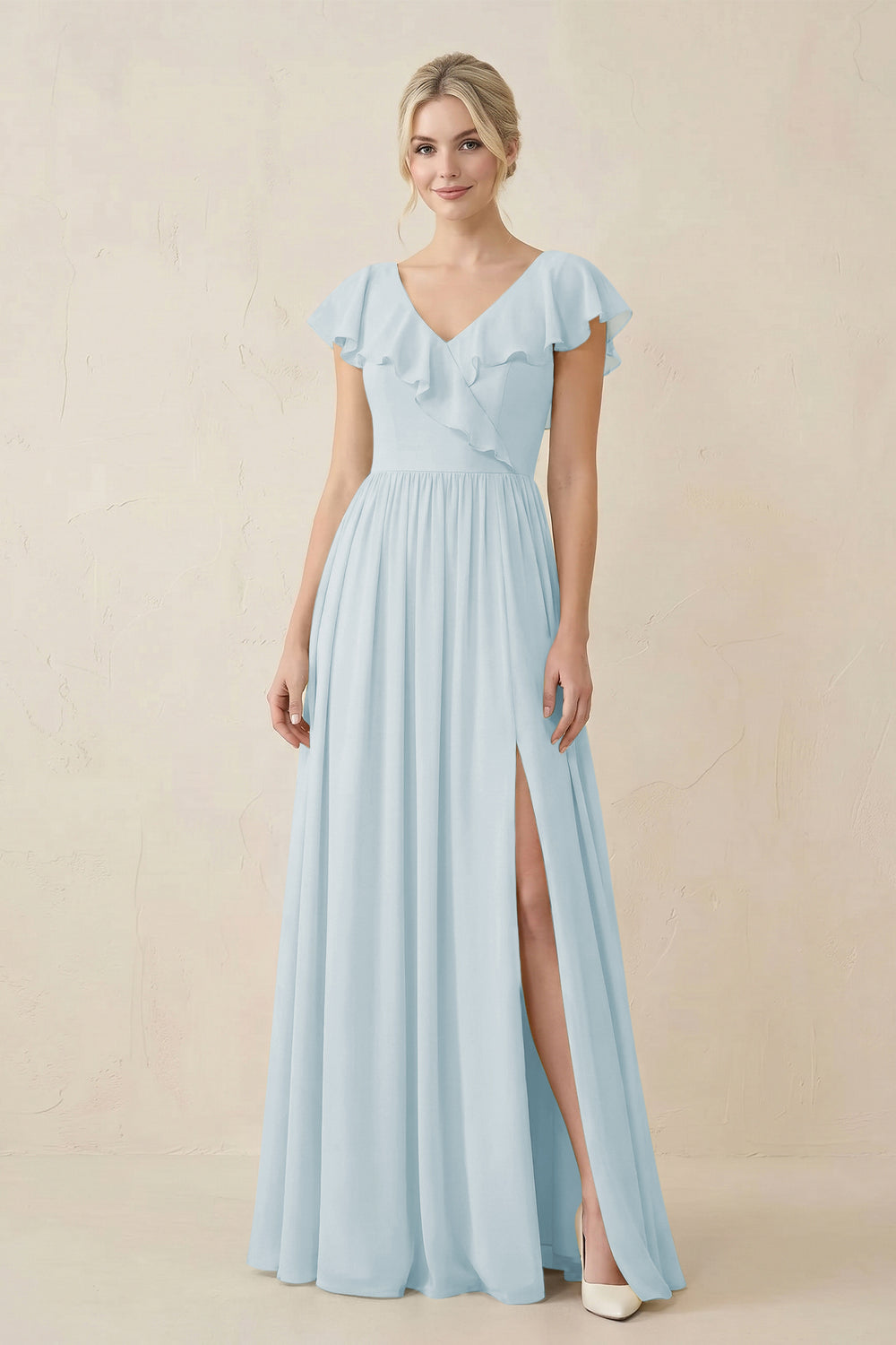 Cap Sleeve A-Line Ruffled Chiffon Bridesmaid Dress in Sky Blue