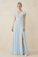 Sky Blue Cap Sleeve A-Line Ruffled Chiffon Bridesmaid Dress | KISSBRIDAL