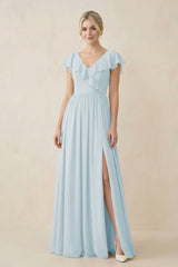 Sky Blue Cap Sleeve A-Line Ruffled Chiffon Bridesmaid Dress | KISSBRIDAL