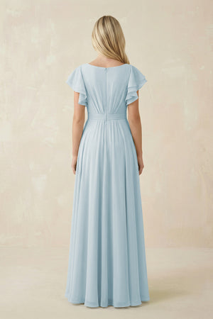Sky Blue Cap Sleeve Ruffled A-Line Chiffon Bridesmaid Dress (2) | KISSBRIDAL