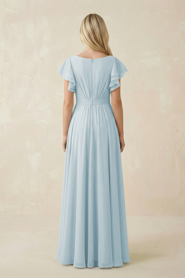 Sky Blue Cap Sleeve Ruffled A-Line Chiffon Bridesmaid Dress (2) | KISSBRIDAL