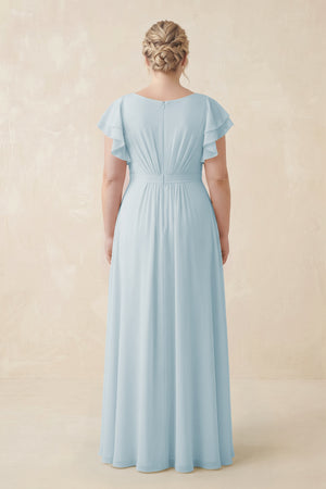 Sky Blue Cap Sleeve Ruffled A-Line Chiffon Bridesmaid Dress (2) | KISSBRIDAL