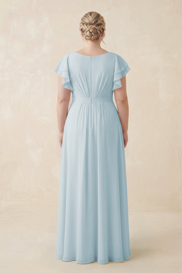 Sky Blue Cap Sleeve Ruffled A-Line Chiffon Bridesmaid Dress (2) | KISSBRIDAL