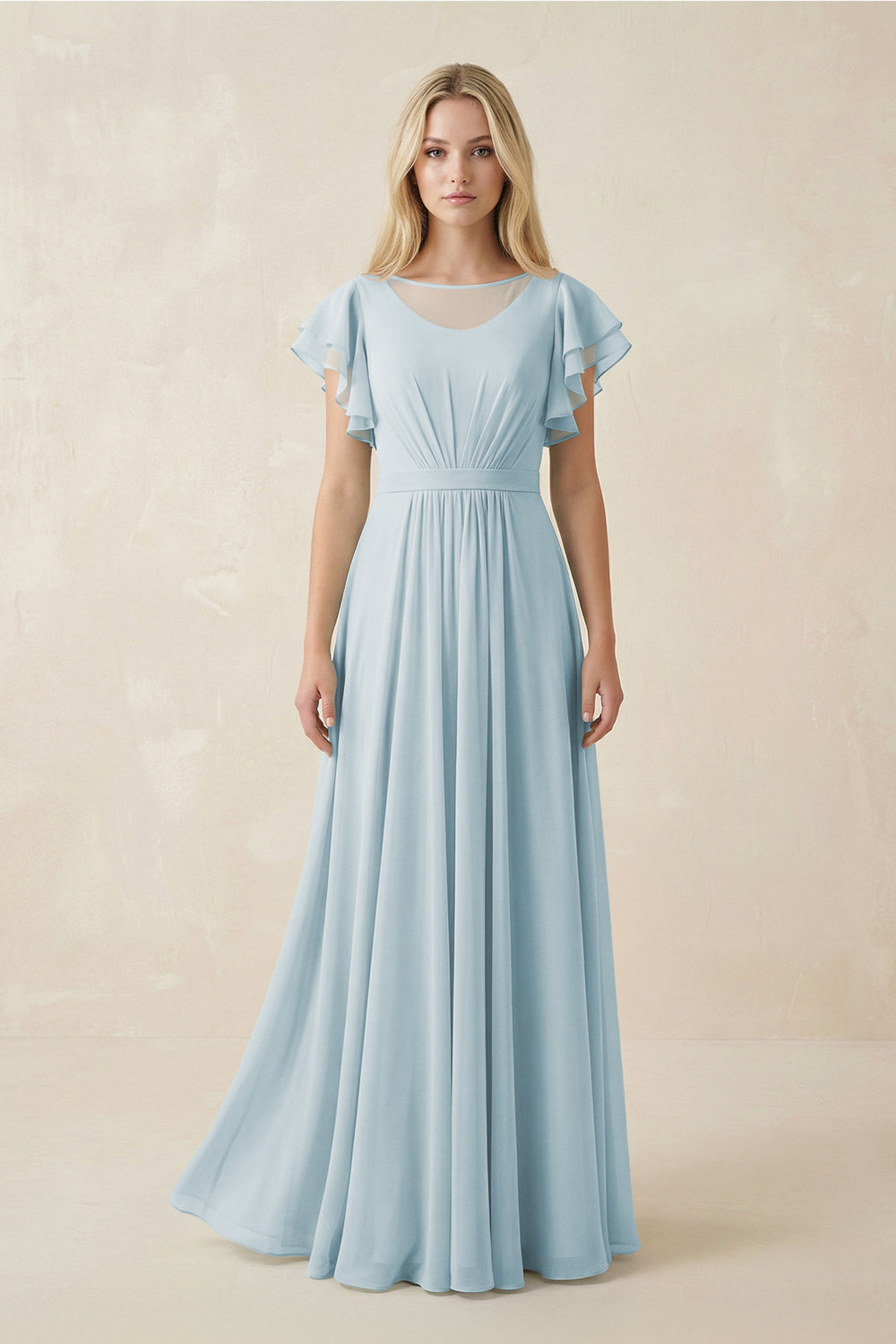 Cap Sleeve Ruffled A-Line Chiffon Bridesmaid Dress in Sky Blue