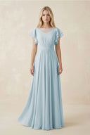 Sky Blue Cap Sleeve Ruffled A-Line Chiffon Bridesmaid Dress | KISSBRIDAL
