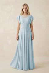 Sky Blue Cap Sleeve Ruffled A-Line Chiffon Bridesmaid Dress | KISSBRIDAL