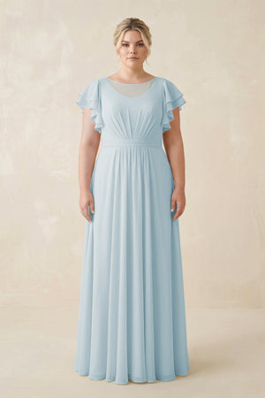 Sky Blue Cap Sleeve Ruffled A-Line Chiffon Bridesmaid Dress | KISSBRIDAL