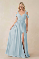 Sky Blue Chiffon A-Line Bridesmaid Dress with Slit | KISSBRIDAL