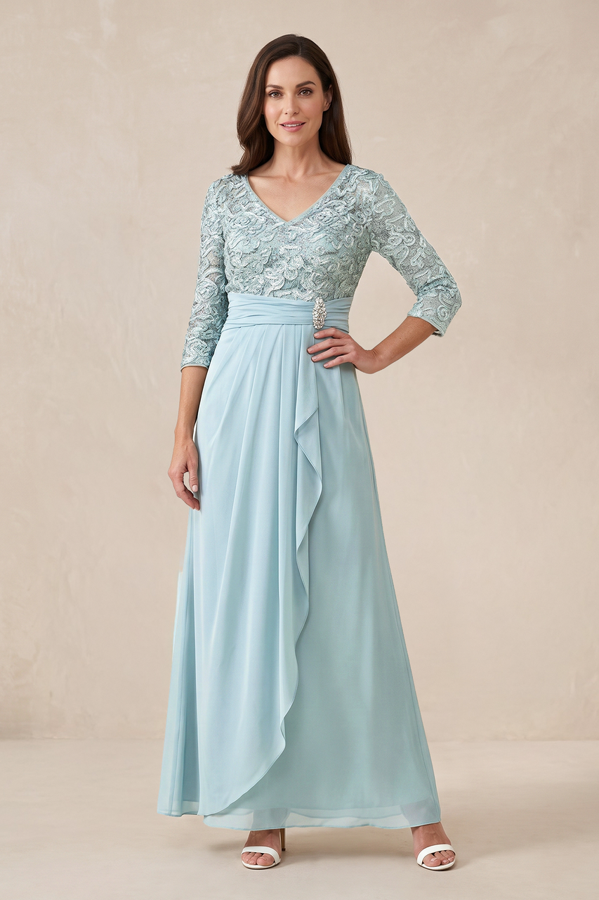 Sky Blue Chiffon V-Neck A-Line Appliqued Mother of the Bride Dress With Sleeves