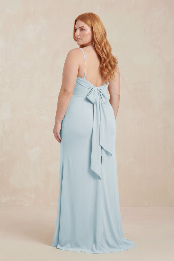 Sky Blue Cowl Neck Sheath Chiffon Bridesmaid Dress with Corset (2) [sizeplus]  | KISSBRIDAL