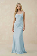 Sky Blue Cowl Neck Sheath Chiffon Bridesmaid Dress with Corset | KISSBRIDAL