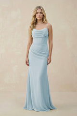 Sky Blue Cowl Neck Sheath Chiffon Bridesmaid Dress with Corset | KISSBRIDAL