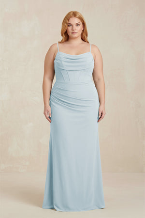 Sky Blue Cowl Neck Sheath Chiffon Bridesmaid Dress with Corset [sizeplus] | KISSBRIDAL