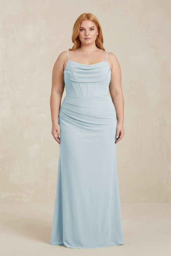 Sky Blue Cowl Neck Sheath Chiffon Bridesmaid Dress with Corset [sizeplus] | KISSBRIDAL