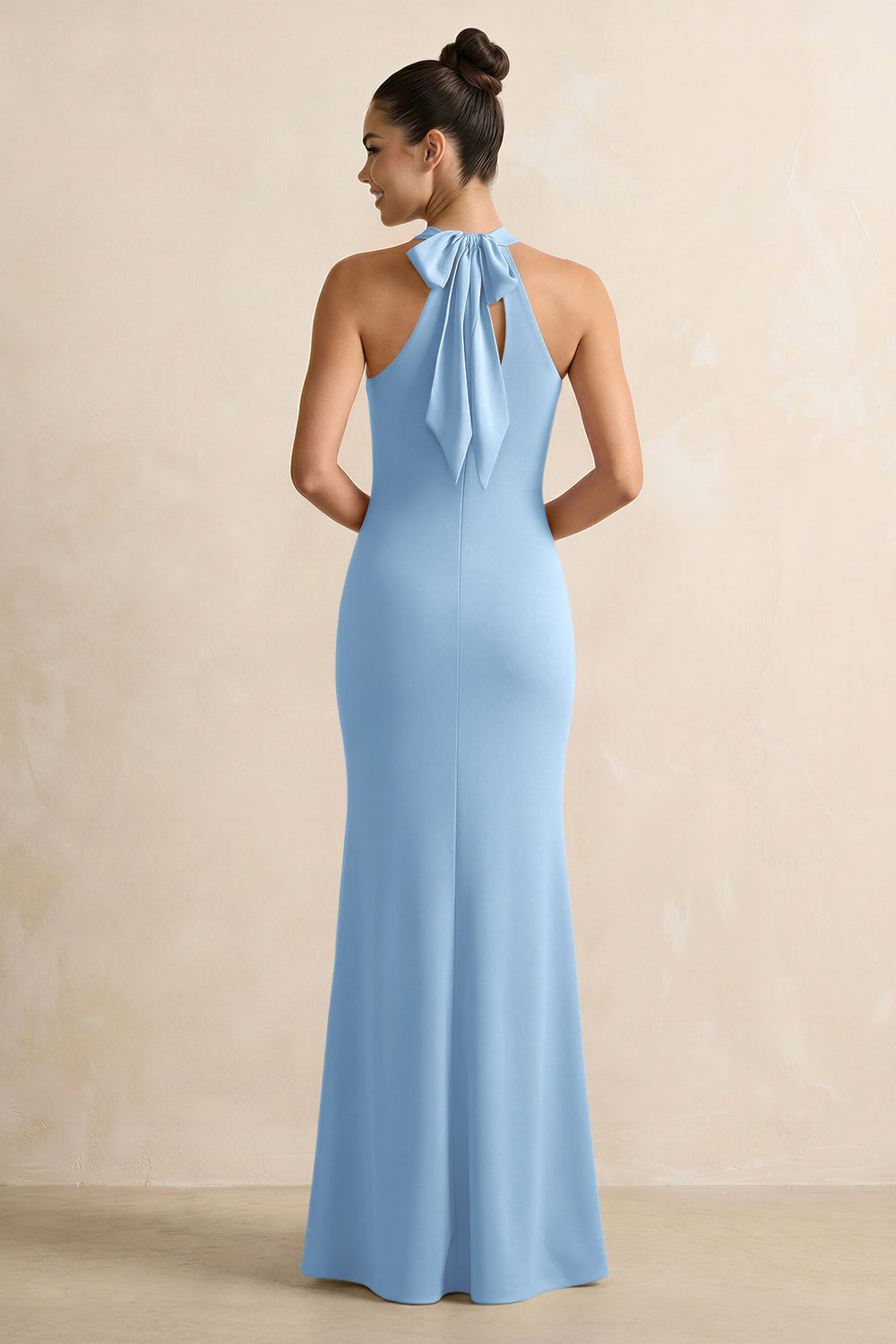 Crisscross Halter Sheath Satin Bridesmaid Dress with Bow in Sky Blue