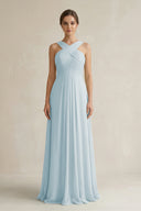 Sky Blue Cross Halter Chiffon A-Line Pleated Bridesmaid Dress | KISSBRIDAL