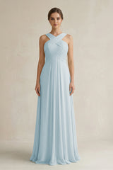 Sky Blue Cross Halter Chiffon A-Line Pleated Bridesmaid Dress | KISSBRIDAL