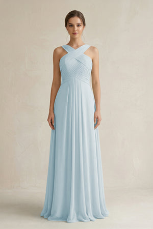 Sky Blue Cross Halter Chiffon A-Line Pleated Bridesmaid Dress | KISSBRIDAL