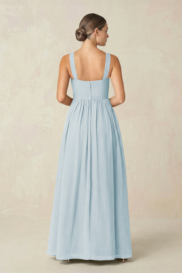 Sky Blue Cross Halter Neck Chiffon A-Line Bridesmaid Dress With Slit (2) | KISSBRIDAL