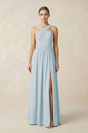 Sky Blue Cross Halter Neck Chiffon A-Line Bridesmaid Dress With Slit | KISSBRIDAL
