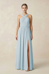 Sky Blue Cross Halter Neck Chiffon A-Line Bridesmaid Dress With Slit | KISSBRIDAL