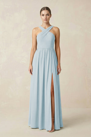 Sky Blue Cross Halter Neck Chiffon A-Line Bridesmaid Dress With Slit | KISSBRIDAL