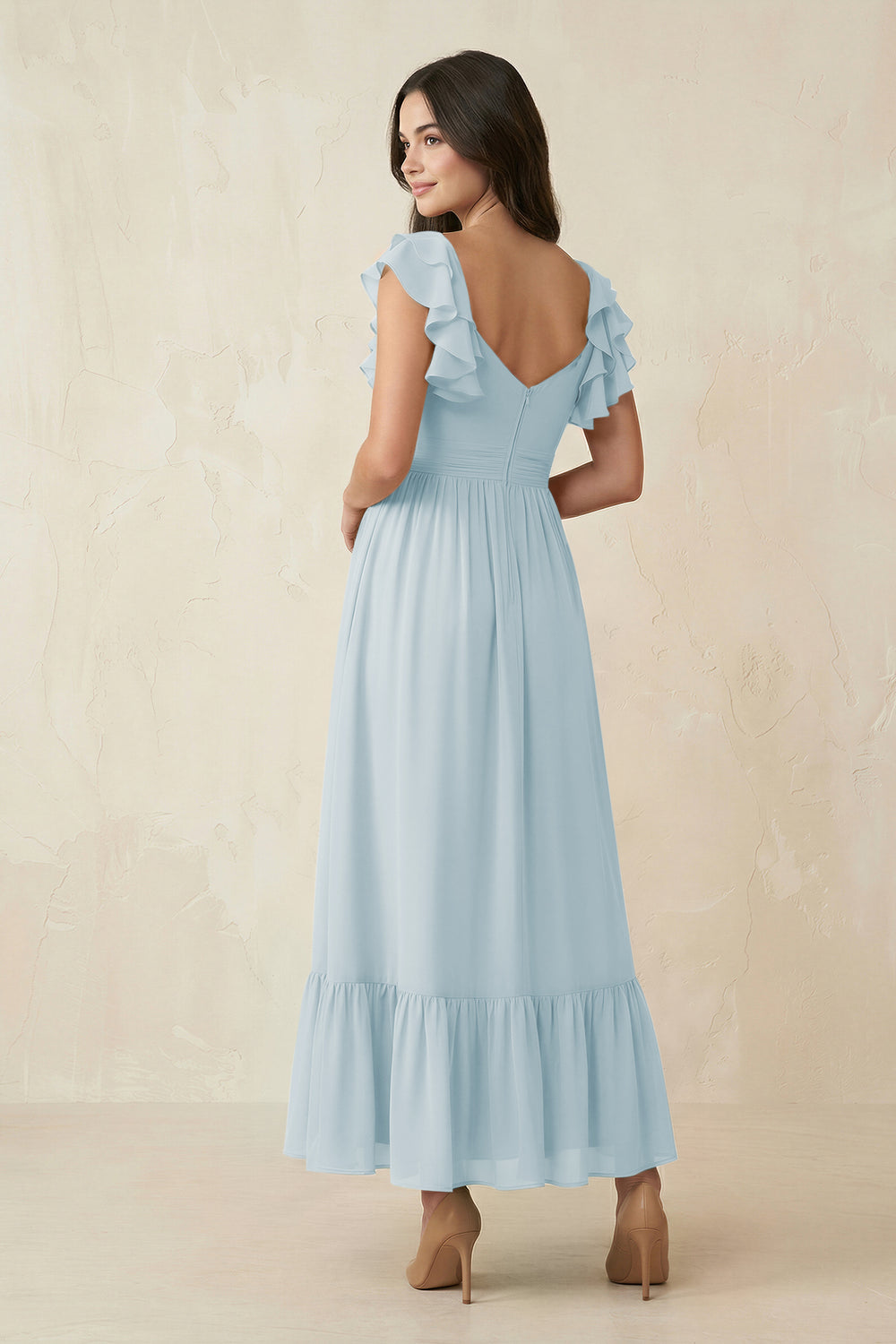 Flutter Sleeve Sweetheart A-Line Chiffon Bridesmaid Dress in Sky Blue