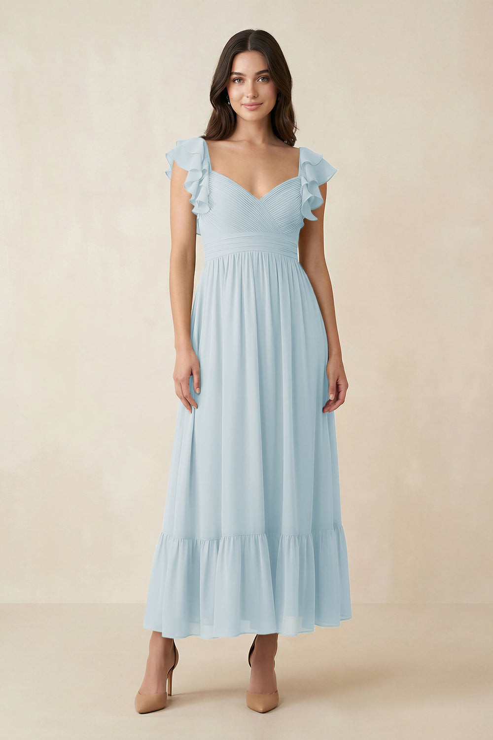 Flutter Sleeve Sweetheart A-Line Chiffon Bridesmaid Dress in Sky Blue
