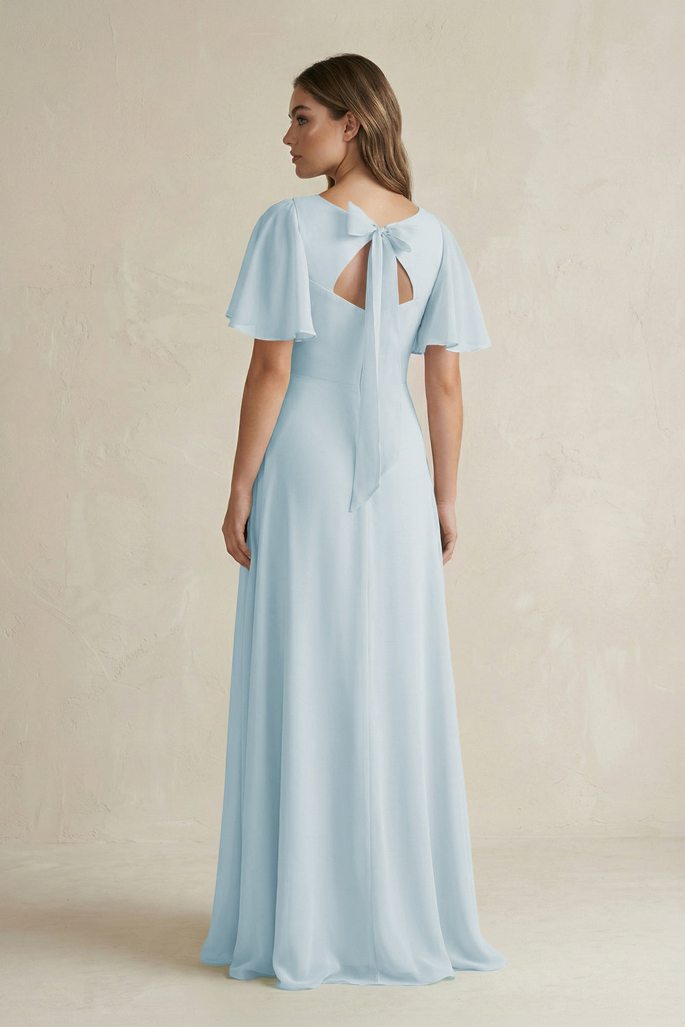 Flutter Sleeve V-Neck A-Line Chiffon Bridesmaid Dress in Sky Blue