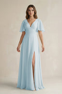 Sky Blue Flutter Sleeve V-Neck A-Line Chiffon Bridesmaid Dress | KISSBRIDAL