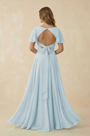 Sky Blue Flutter Sleeve V-Neck Chiffon A-Line Bridesmaid Dress (2) | KISSBRIDAL